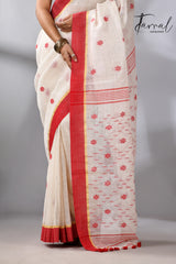 Offwhite with red border traditional handwoven pure linen jamdani saree - Tamal Boutique