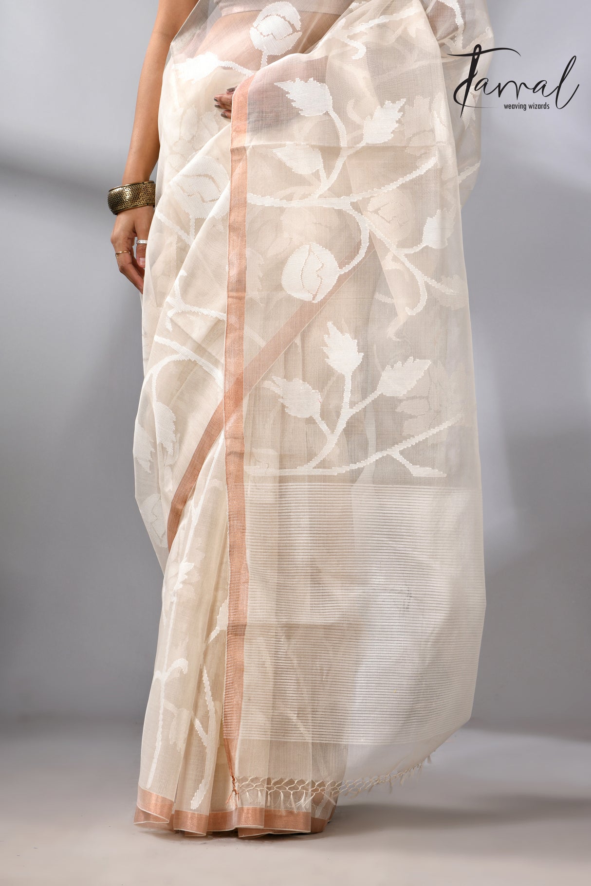 White self allover rose motifs muslin silk handwoven jamdani saree