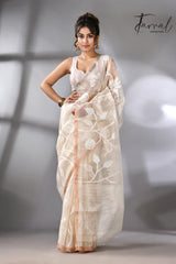 White self allover rose motifs muslin silk handwoven jamdani saree