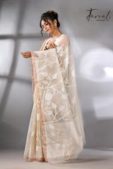 White self allover rose motifs muslin silk handwoven jamdani saree