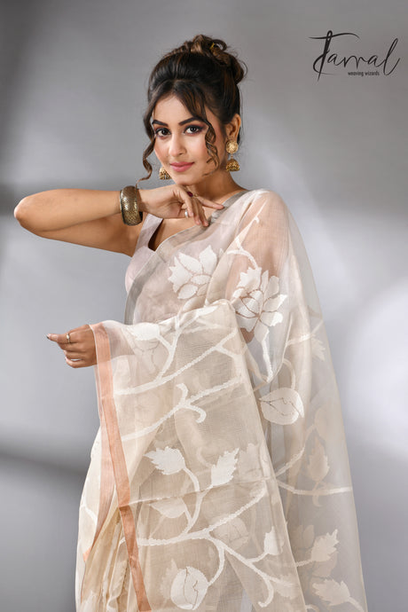 White self allover rose motifs muslin silk handwoven jamdani saree