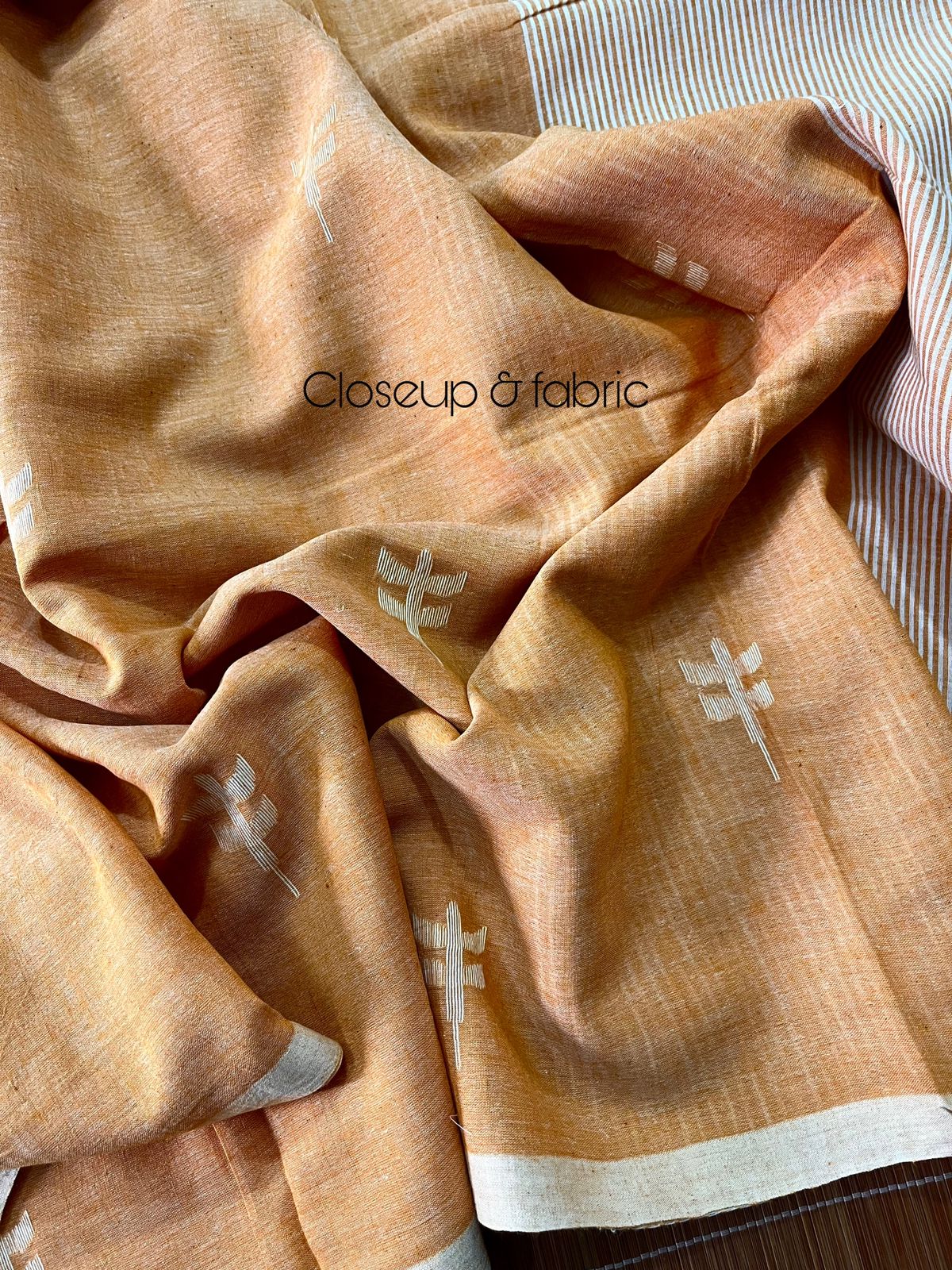 Saffron with white pure cotton jolphoring cotton handwoven jamdani saree