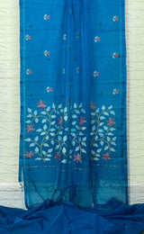 Sea blue floral muslin silk handwoven jamdani saree