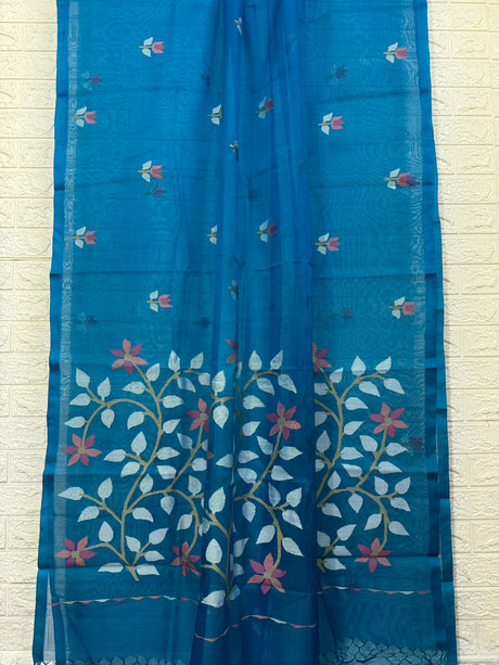 Sea blue floral muslin silk handwoven jamdani saree