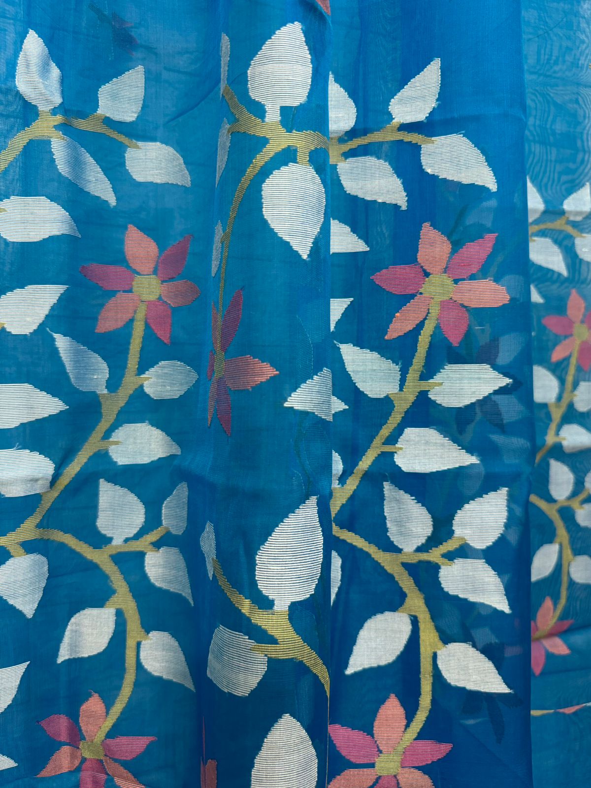 Sea blue floral muslin silk handwoven jamdani saree