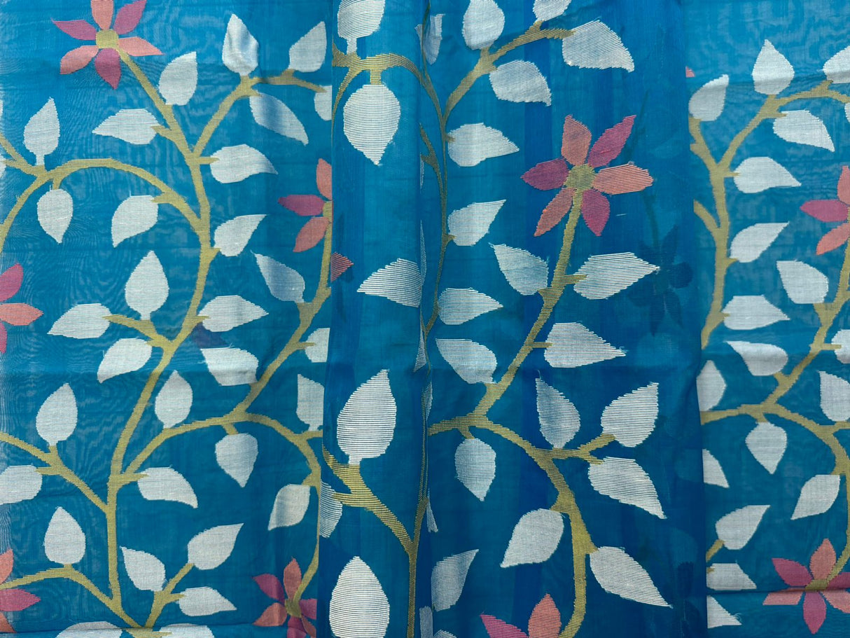 Sea blue floral muslin silk handwoven jamdani saree