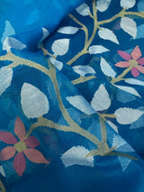 Sea blue floral muslin silk handwoven jamdani saree