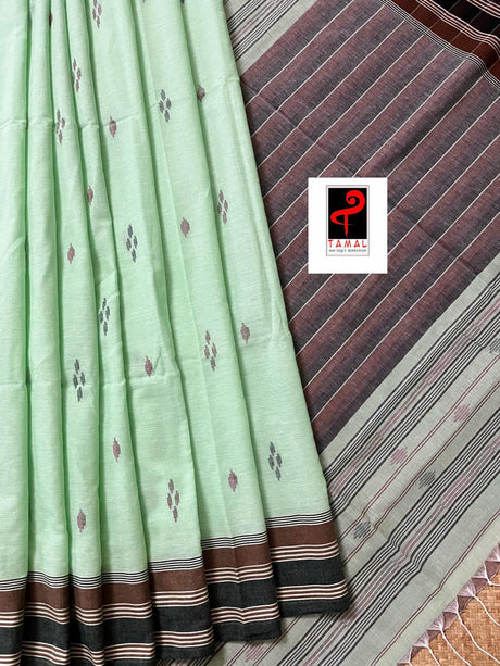 Sea green with brown handloom fulia cotton saree