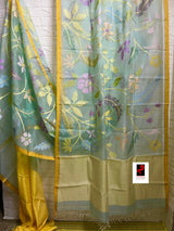 Sea green with multi colour & yellow border allover floral handwoven jamadani saree in muslin silk