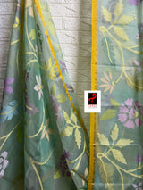 Sea green with multi colour & yellow border allover floral handwoven jamadani saree in muslin silk