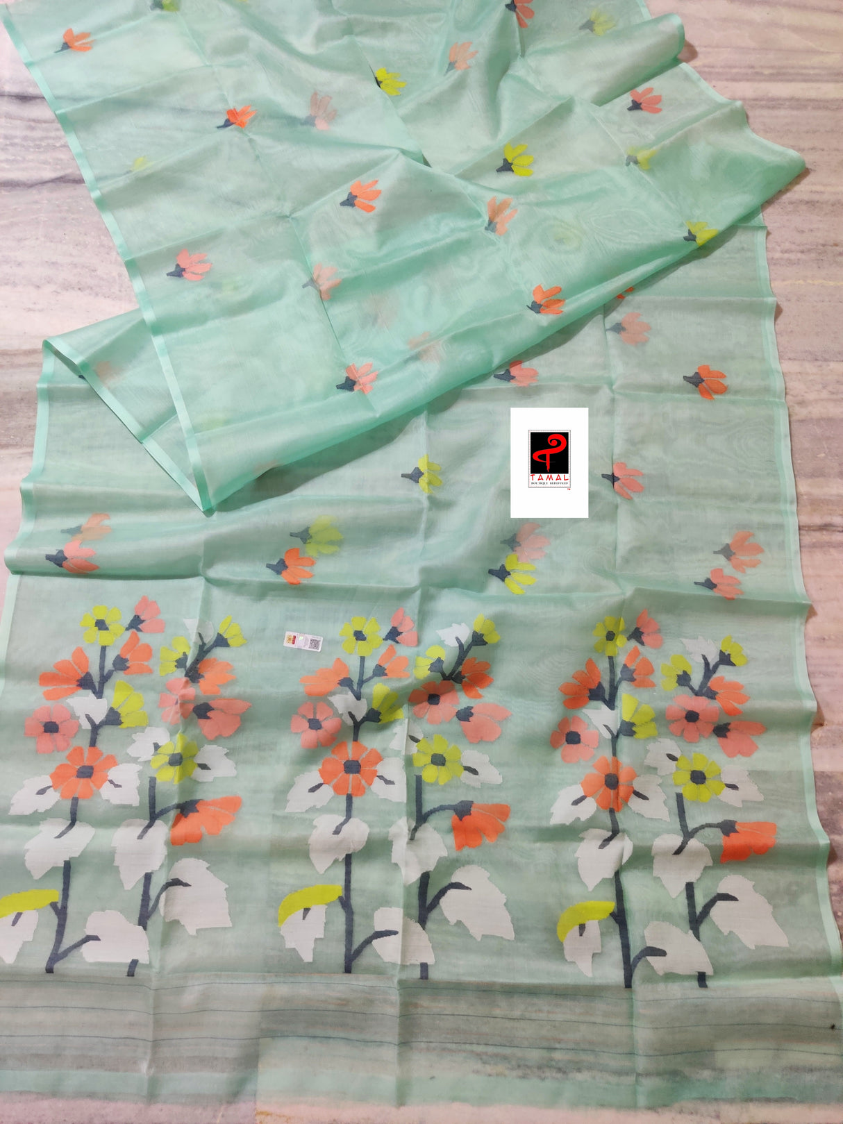 Sea green with multi colour pallu floral with butas allover handwoven jamadani saree in muslin silk