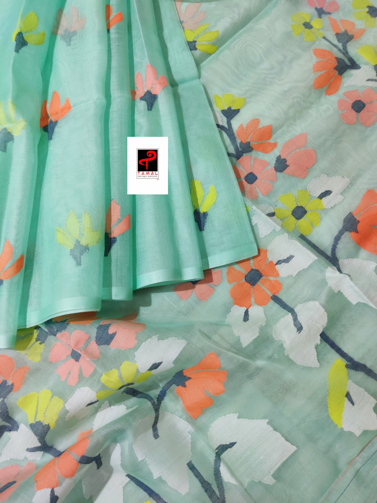 Sea green with multi colour pallu floral with butas allover handwoven jamadani saree in muslin silk