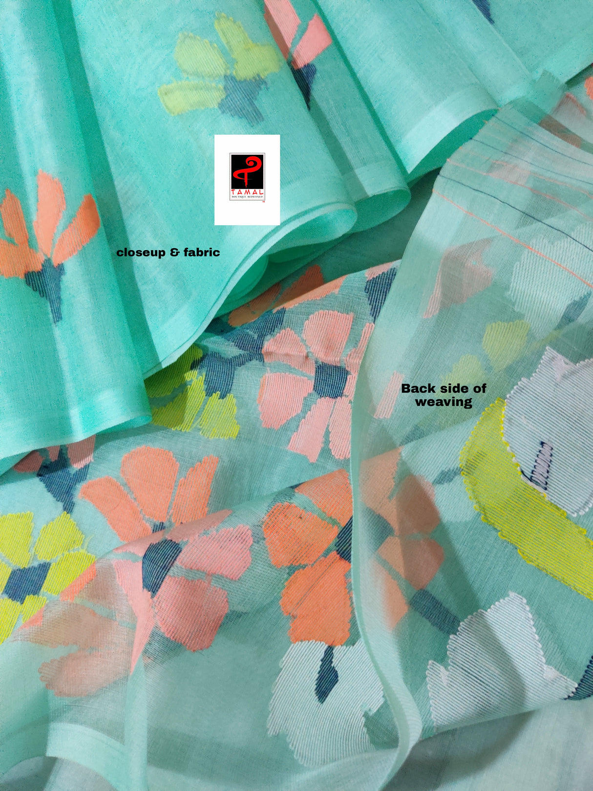 Sea green with multi colour pallu floral with butas allover handwoven jamadani saree in muslin silk