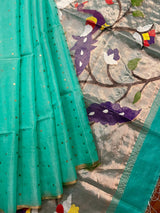 Sea green with paithani pallu sequins handwoven organza silk jamdani saree - Tamal Boutique