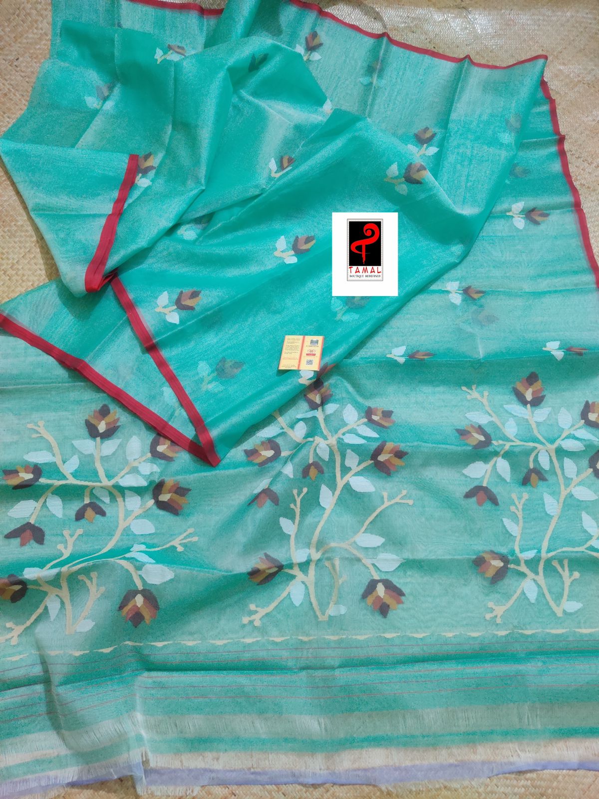 Sea green with red border muslin floral buta handwoven jamadani saree