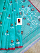 Sea green with red border muslin floral buta handwoven jamadani saree