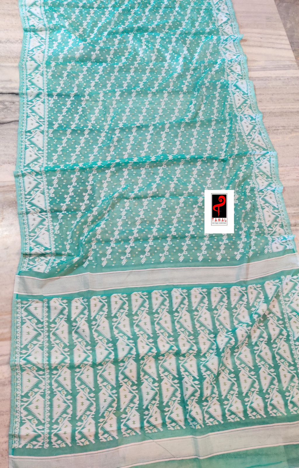 Sea green with white handloom soft dhakai jamdani saree