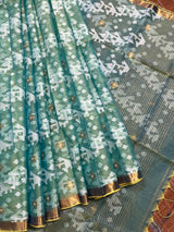 Sea green with zari border organza silk handloom jacquard jamdani saree