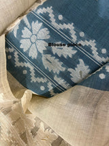 Light Beige with sky blue & firoza pallu silk cotton handloom jamdani saree