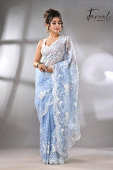 Sky blue organza embroidered handloom saree