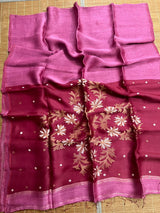 Strawberry silk linen handwoven jamdani saree