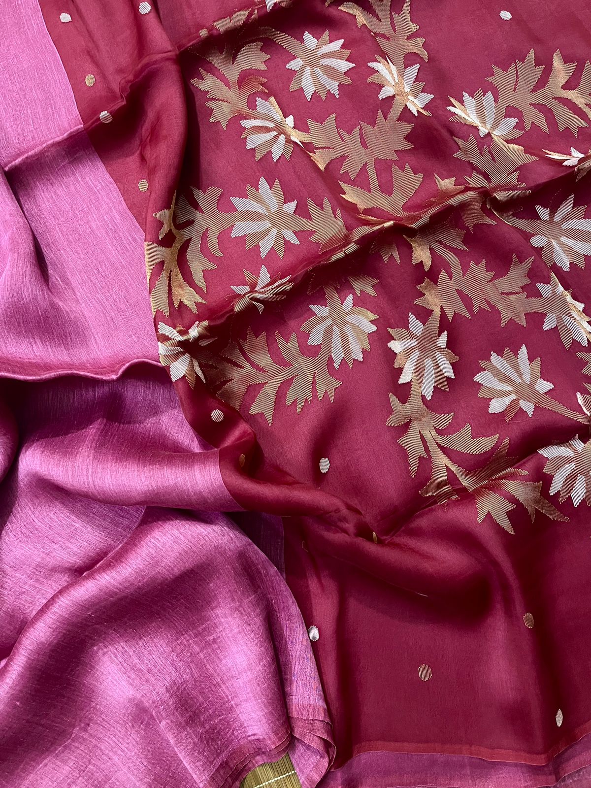 Strawberry silk linen handwoven jamdani saree