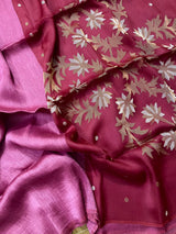 Strawberry silk linen handwoven jamdani saree - Tamal Boutique