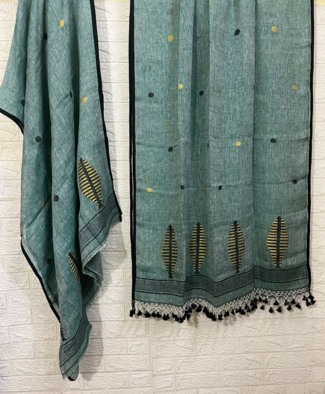 Teal green with zari leafs pure linen kurti & dupatta set