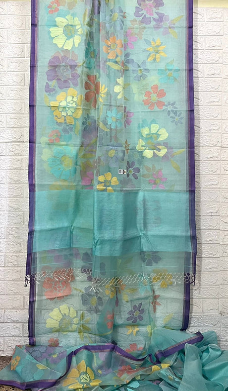 Turquoise blue with allover seasonal floral motifs handwoven muslin silk jamdani saree