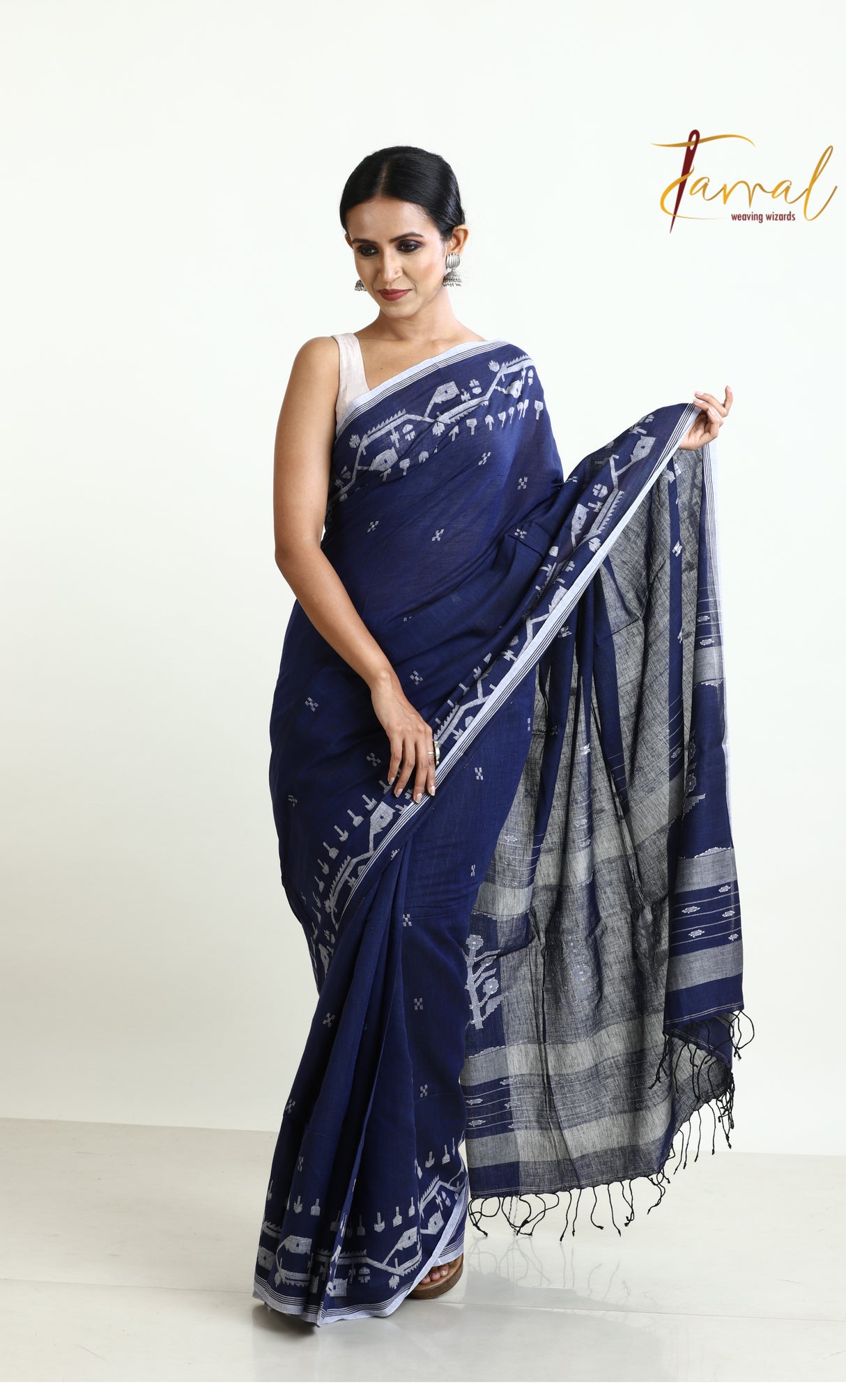 Indigo With White border traditional cotton handwoven jamdani saree