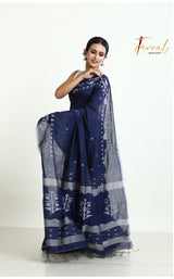 Indigo With White border traditional cotton handwoven jamdani saree