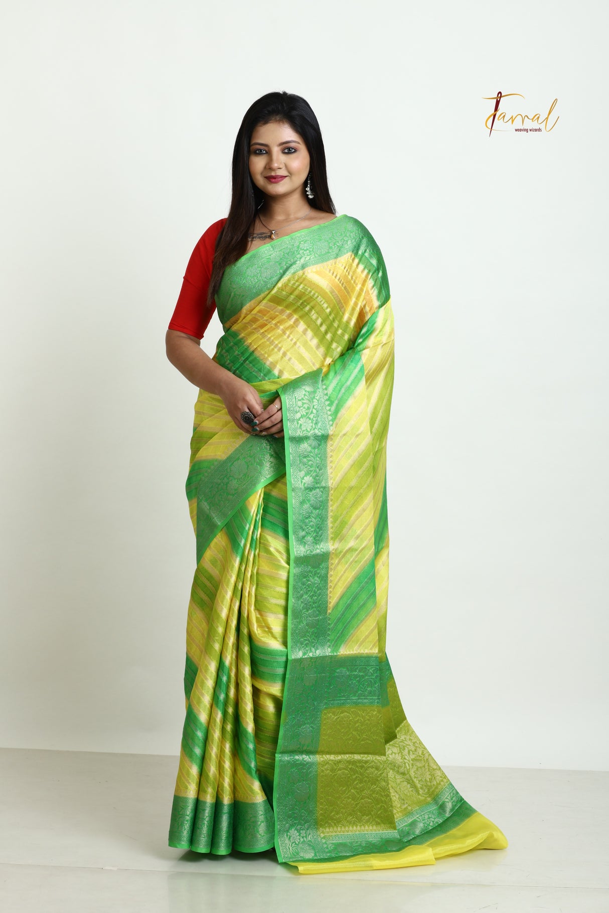 Green With Yellow Semi Georgette Benarasi Silk saree