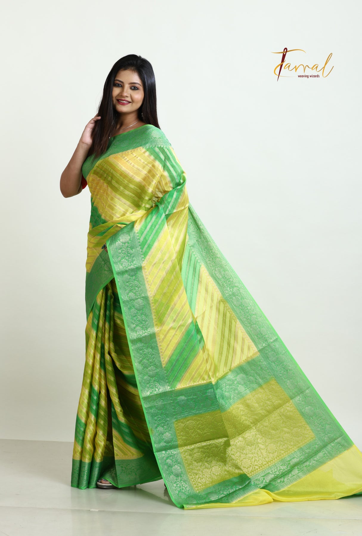 Green With Yellow Semi Georgette Benarasi Silk saree