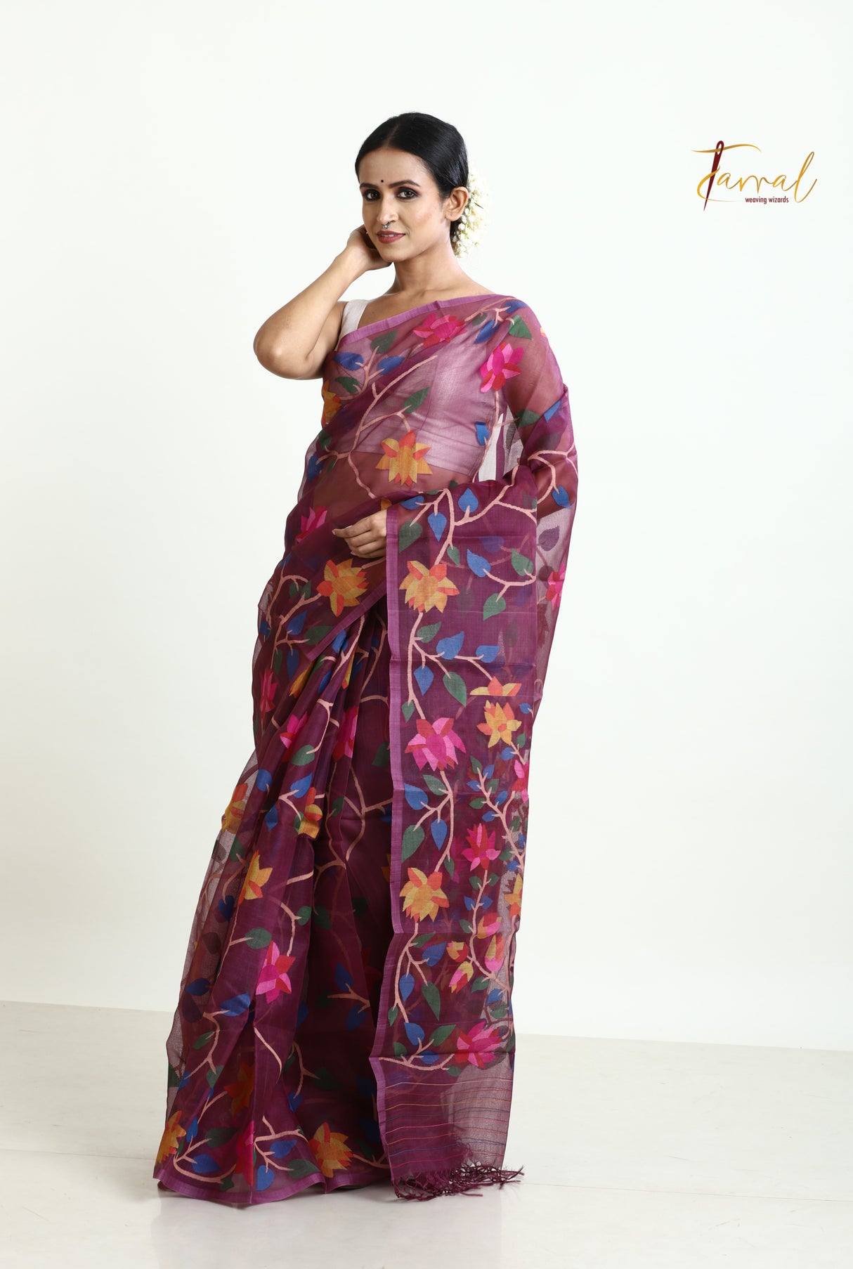 Rose Brown with multi colour allover 108 lotus motifs muslin silk handwoven jamdani saree