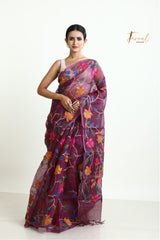 Rose Brown with multi colour allover 108 lotus motifs muslin silk handwoven jamdani saree