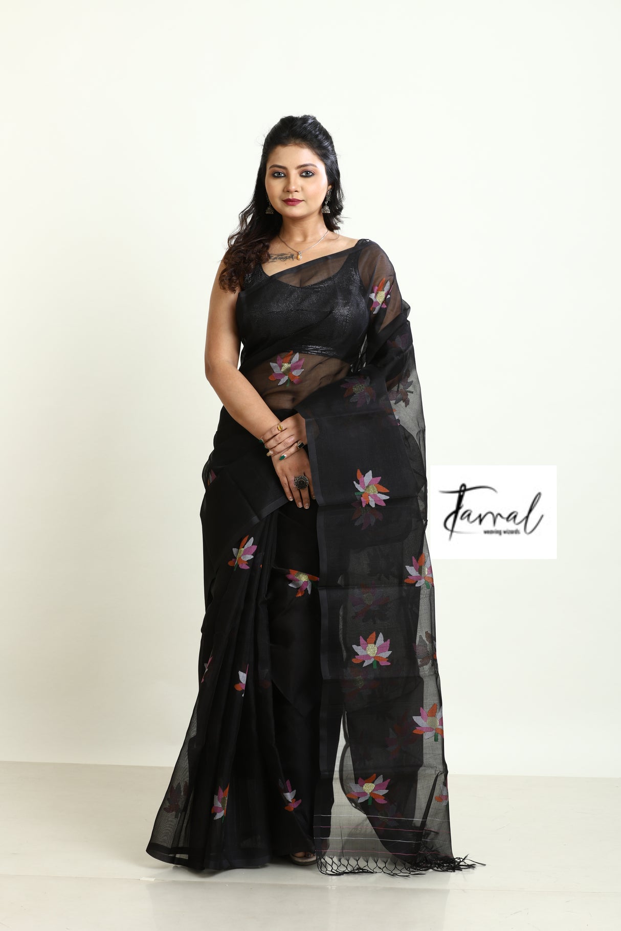 Black with multi colour lotus motifs handwoven jamadani silk saree