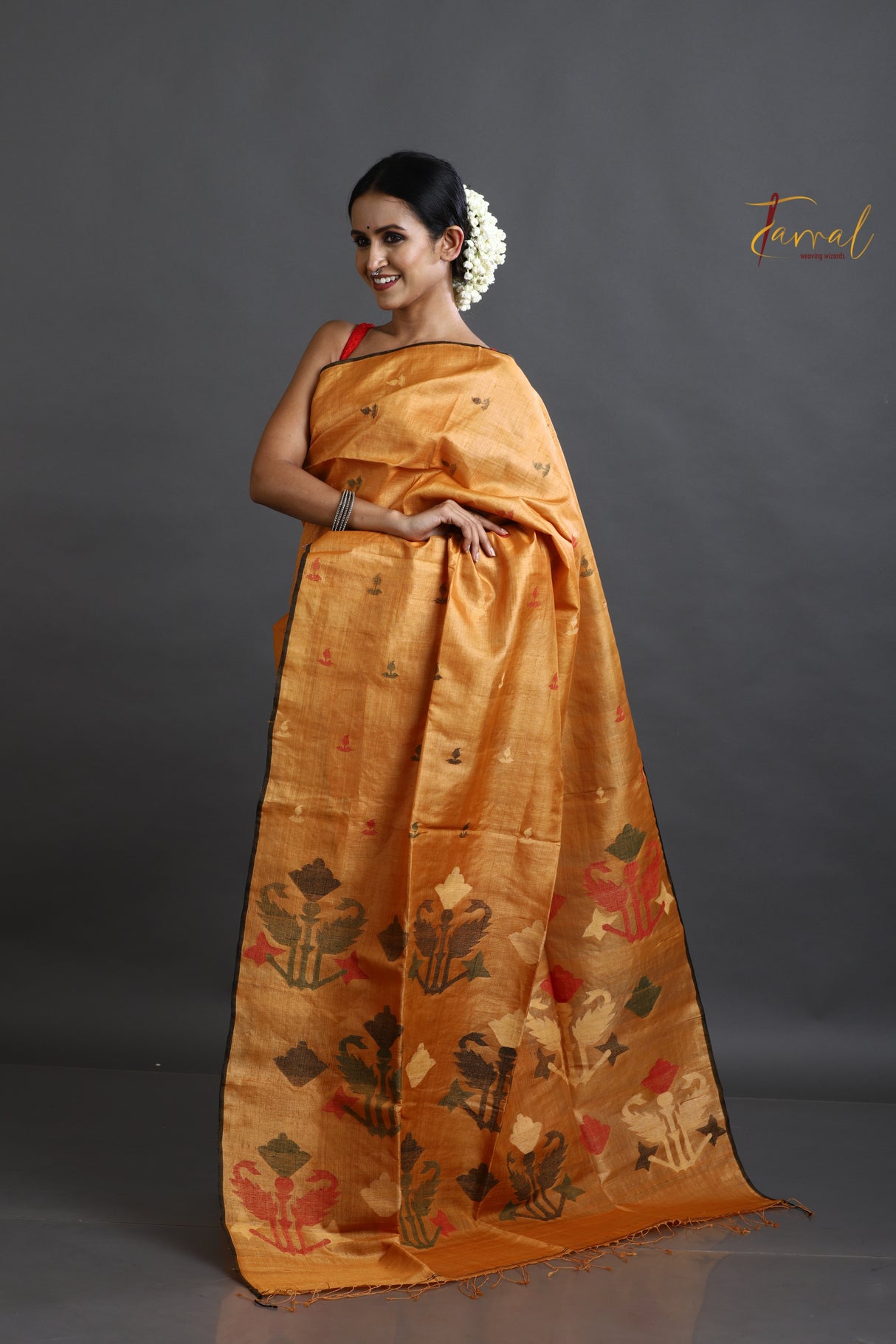 Golden Yellow with black border pure tusser silk handwoven jamdani saree
