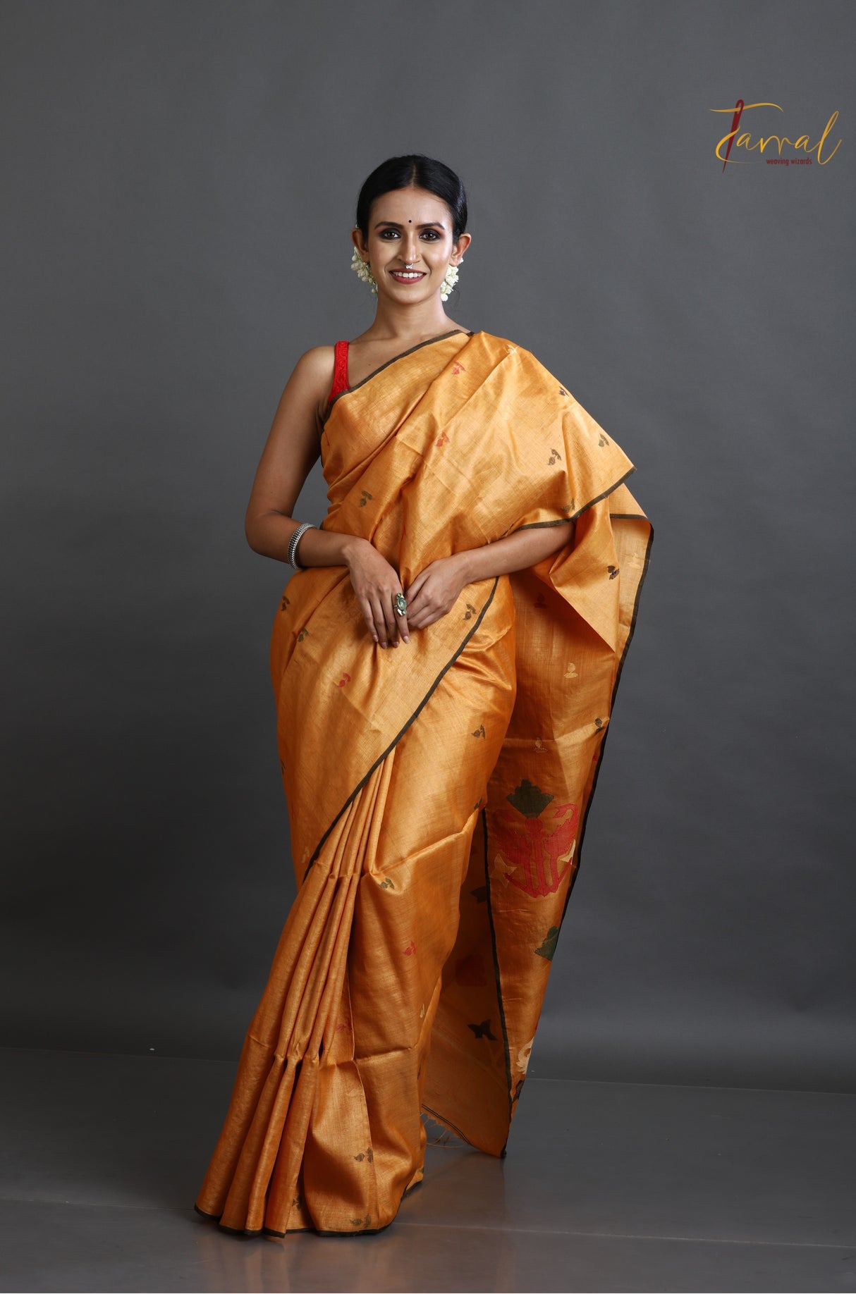 Golden Yellow with black border pure tusser silk handwoven jamdani saree