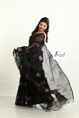 Black with multi colour lotus motifs handwoven jamadani silk saree