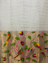 Offwhite with zari border sequins 3 birds paithani handwoven jamdani saree - Tamal Boutique