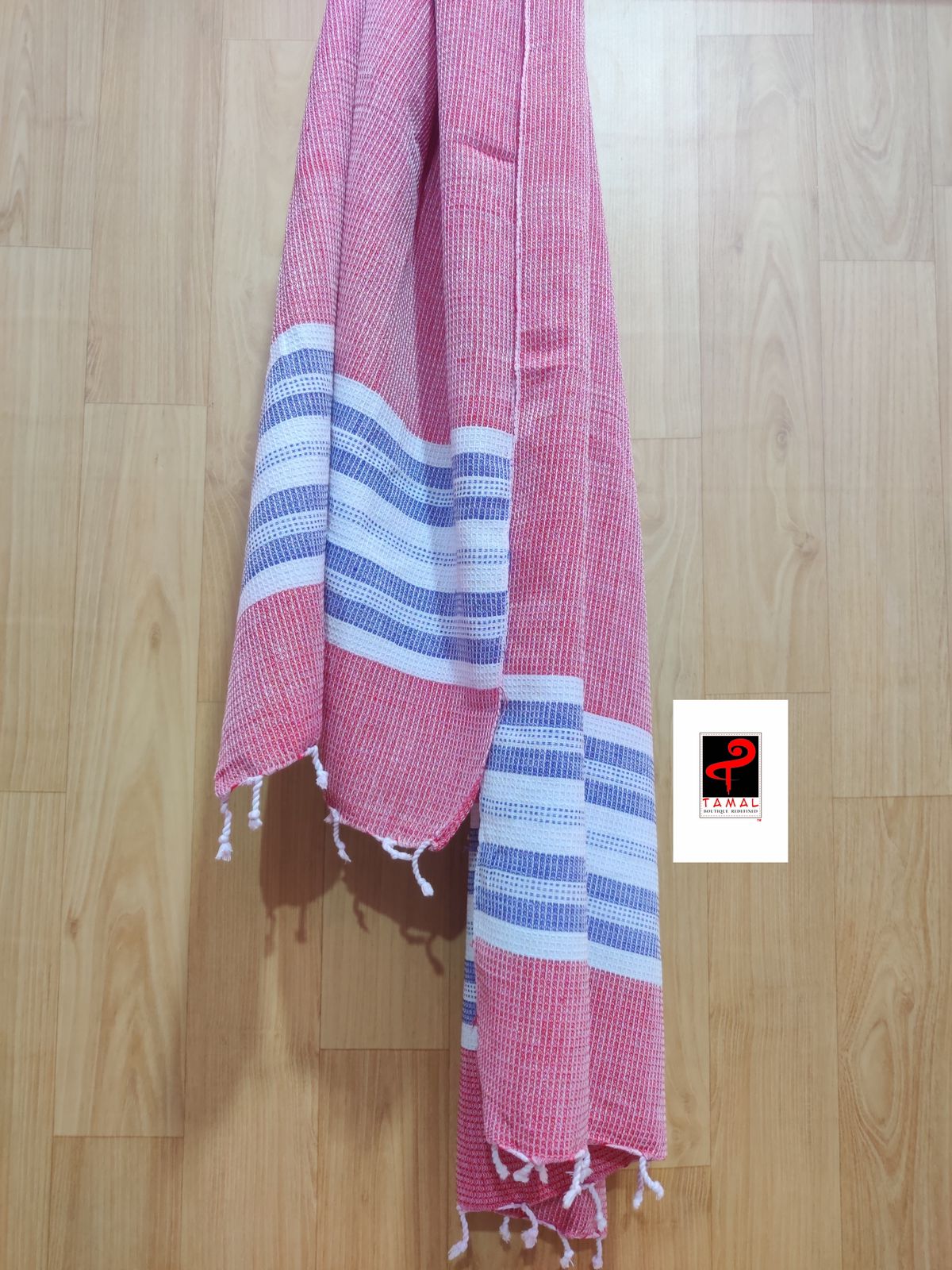 Red with white & blue handcrafted towel (pair)