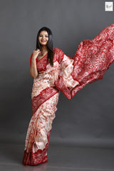 Offwhite red alpona motifs handcrafted crack batik silk saree - Tamal Boutique