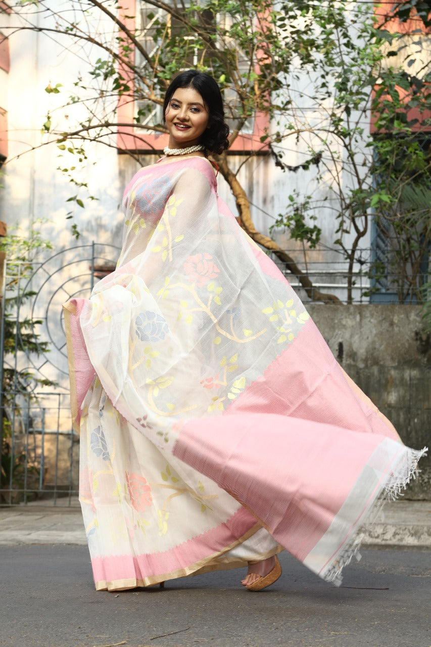 White with Pink border multicolour all over rose motifs muslin silk handwoven jamdani saree - Tamal Boutique