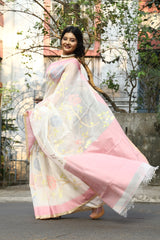 White with Pink border multicolour all over rose motifs muslin silk handwoven jamdani saree