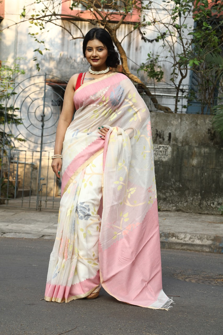 White with Pink border multicolour all over rose motifs muslin silk handwoven jamdani saree - Tamal Boutique