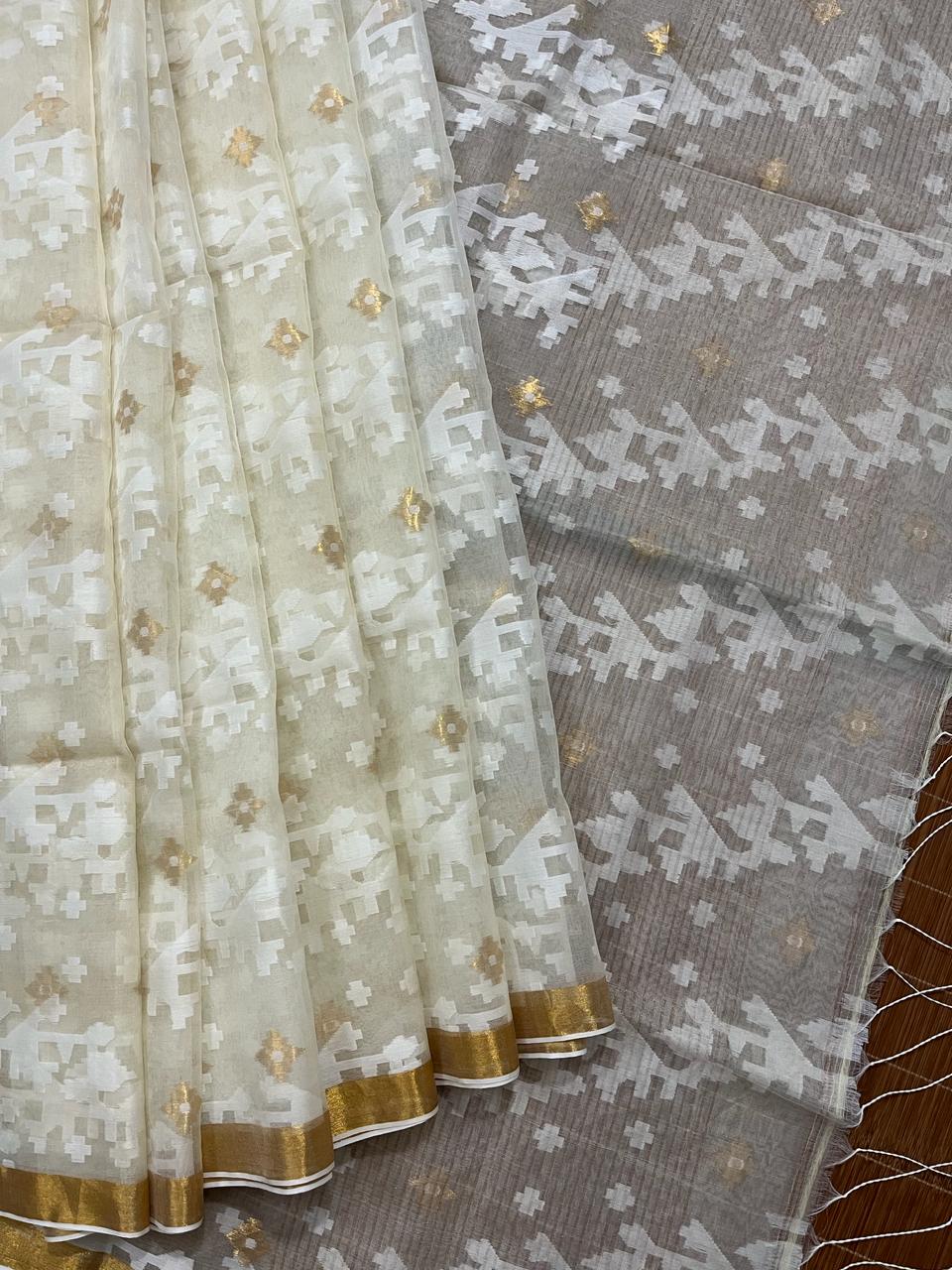 White self with zari border organza silk handloom jacquard jamdani saree