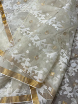 White self with zari border organza silk handloom jacquard jamdani saree