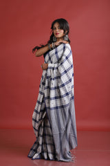 White with Blue check cotton handwoven jamdani saree - Tamal Boutique