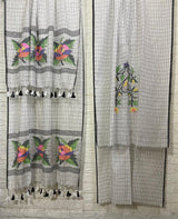 White with black cheeks rose motifs pure cotton handwoven jamdani kurti & dupatta set - Tamal Boutique