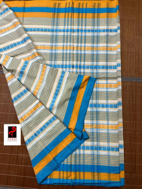 White with firoza and yellow dhonekhali cotton handloom saree